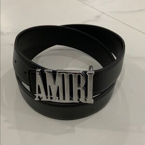 AMIRI Faux Black  Leather Belt Silver Belt Buckle Logo for Men